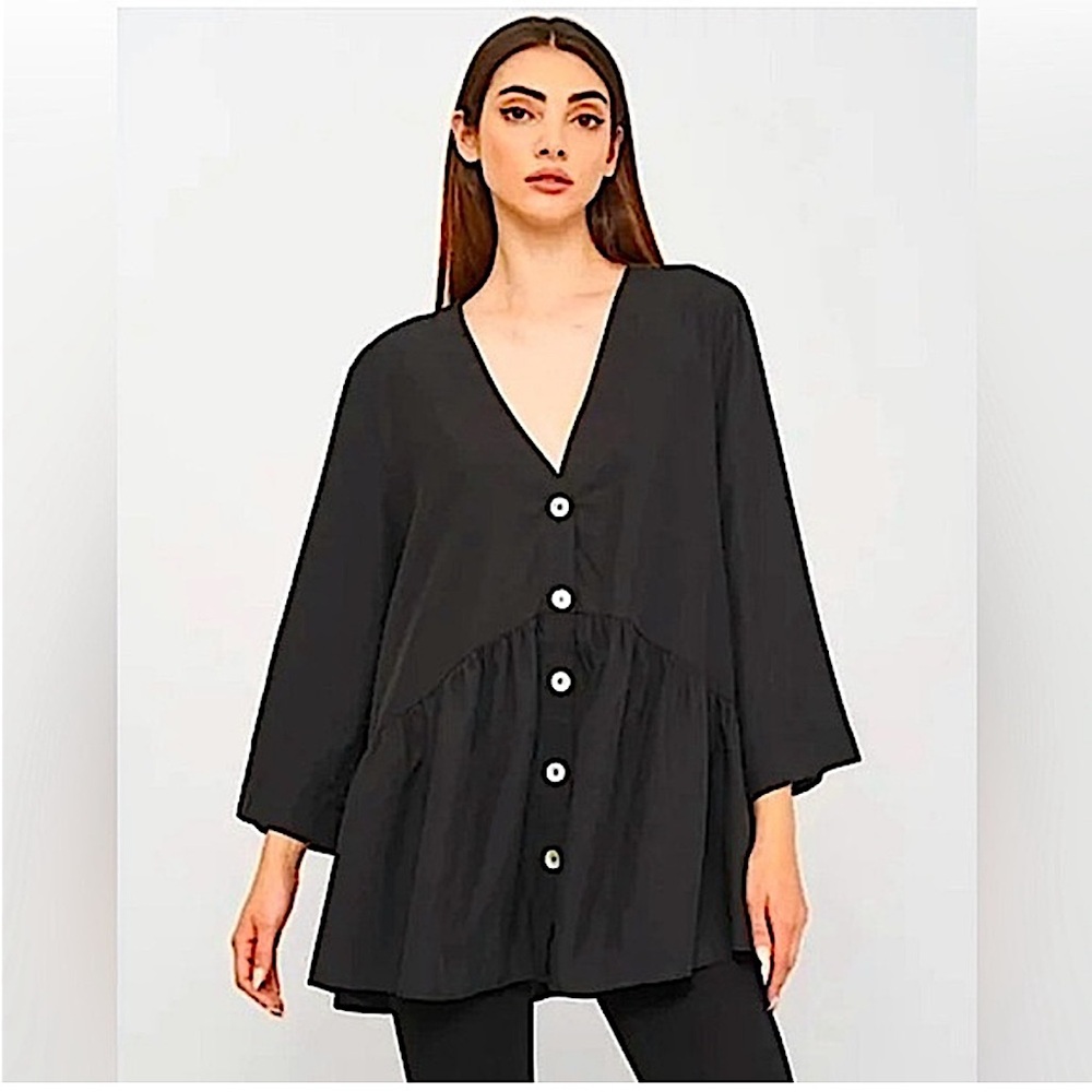 Zara - Baby Doll Peplum A-Line Shirt Smock Tunic Blouse, Black, Size XS